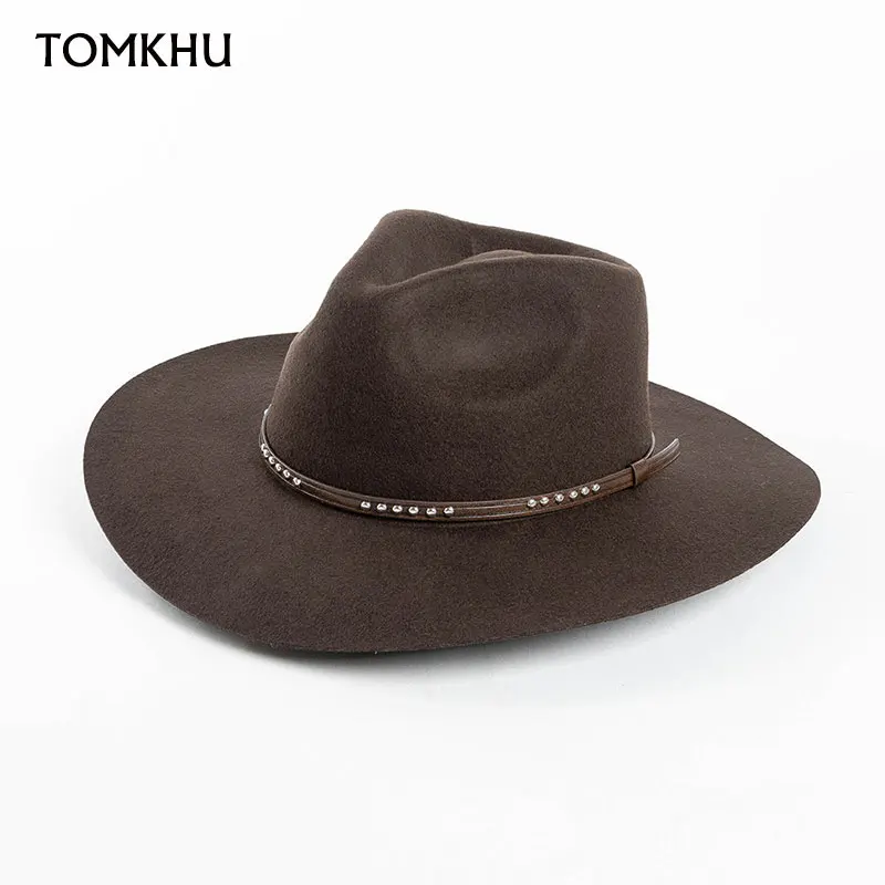 100% wełna Duży rozmiar głowy Panama Jazz Czapki dla mężczyzn Kobiety Czapki z szerokim rondem Western Cowboy Rivet Decoration Ciepły top Hat Fedora cap