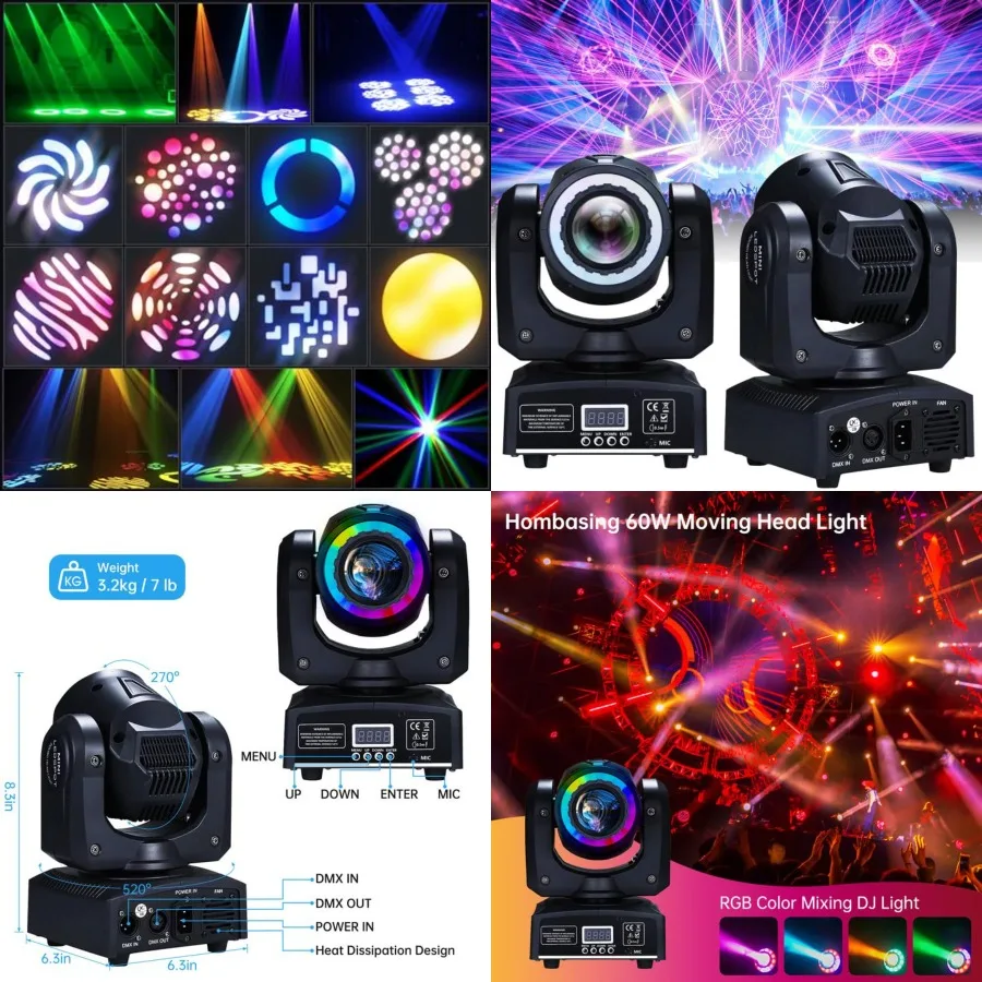 

60W LED Moving Head Light, DJ Lights Stage Lighting with 8 GOBO RGB Color Mixing, Moving Head Light with DMX-512 and Voice Cont