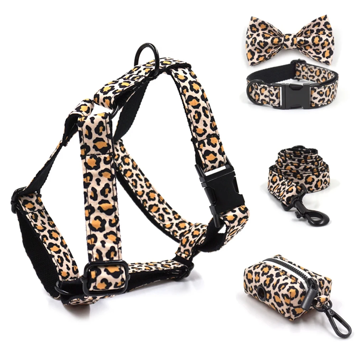 Brown Leopard Dog Harness  Boy Dogs Custom Engraving Pet Collar and Leash Set with Removable Bow Poop Bag Luxury Pet Supplies