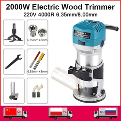 2000W Electric Woodworking Trimmer 220V Wood Milling Machine 6 Gear Variable Speed Carpentry Trimming Tool And 6.35mm 8mm Cutter