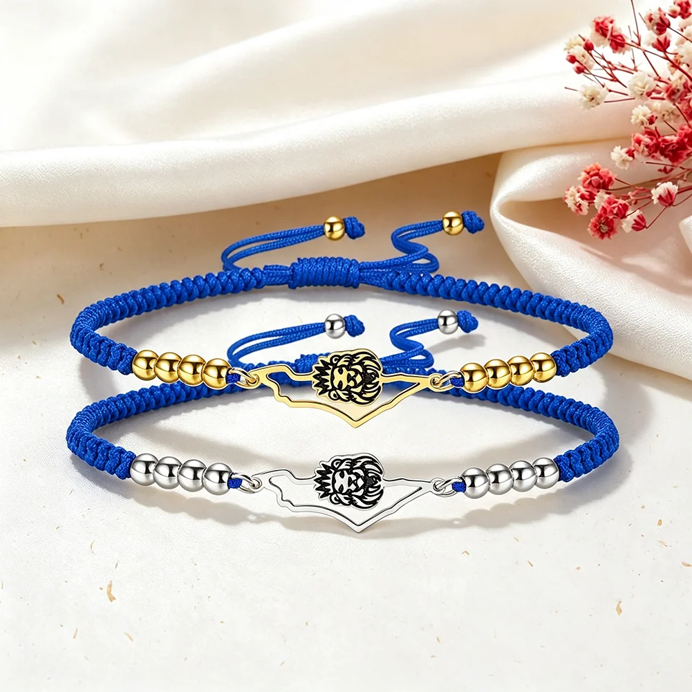 Lion Charm Blue Braided Rope Bracelet Am Yisrael Chai Adjustable String Beaded Bracelet Jewish Hebrew Symbol Jewelry Gifts