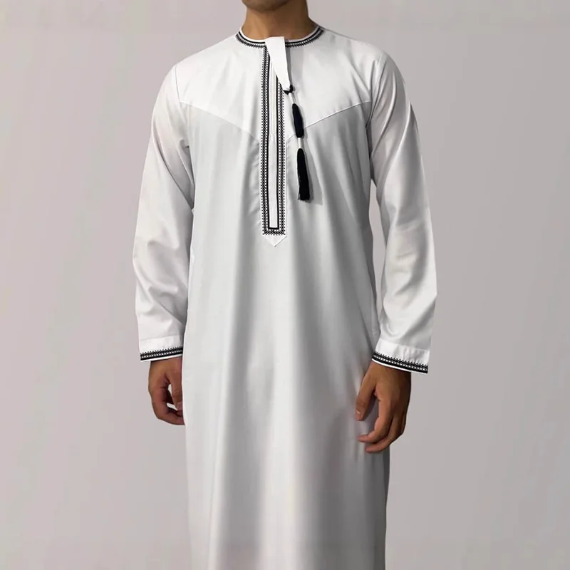 Large Loose Muslim Men's Round Neck Embroidered Robe Comfortable And Breathable Solid Color Long Style