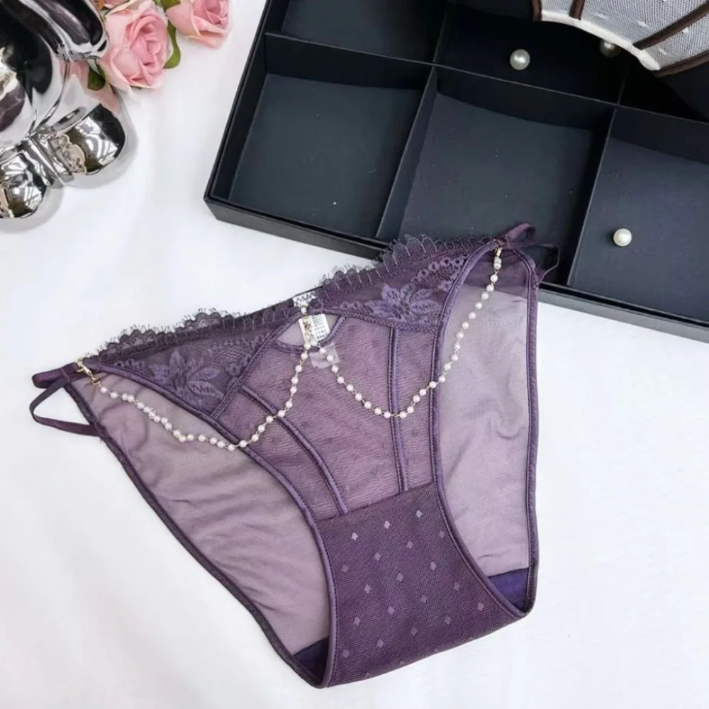

French Style Lace Panties Low Waist Thin Imitation Pearl Chains Briefs Transparent Mesh Underwear for Women Spicy Girls
