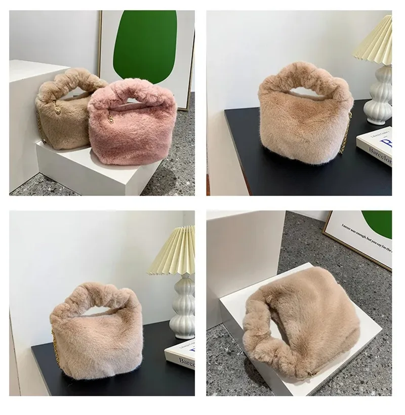 Autumn Winter Plush Tote Bag For Women Faux Fur Shoulder Bag Fluffy Handbags Purse Hobo Top Handle Bag Chain Furry Crossbody Bag