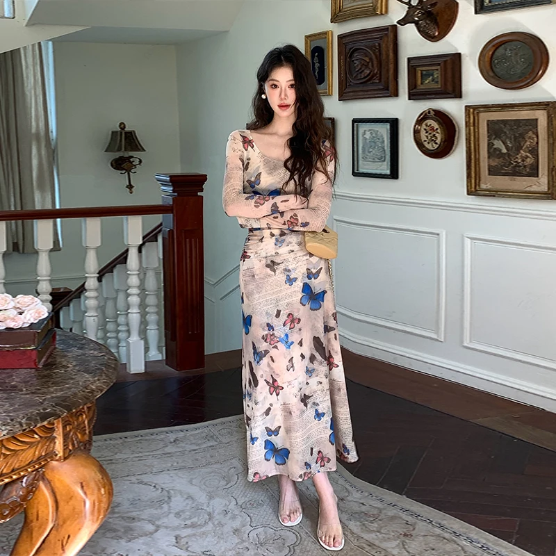 

Women Long Dress Retro Butterfly Print with Pleated Long Sleeve Slim Fit Elegant Party 2025 Spring