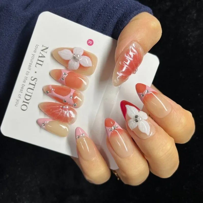 10PCS 3D Floral Press on Nails Almond Shape Peach Pink Ombre with Rhinestone Design Sweet Elegant False Nails Handmade for Women