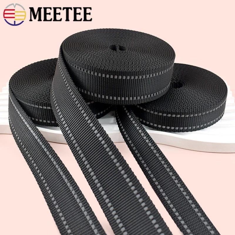 

5M Meetee 15-38mm Black Reflective Webbing Tape Nylon Bag Strap Bias Binding Pet Collar Decor Ribbon Band DIY Sewing Accessories