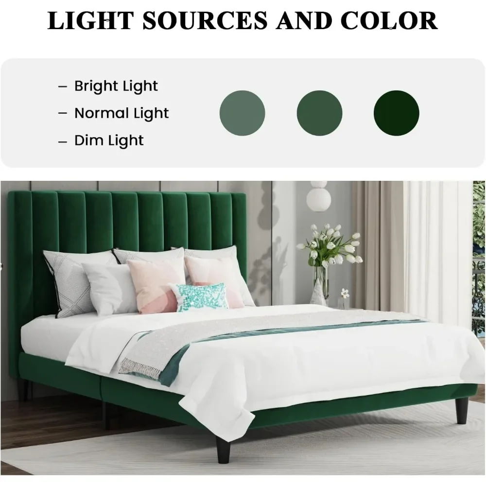 Green Bed Frame/Velvet Upholstered Platform Bed Frame with Headboard/Strong Wood Slats Support/Mattress Foundation for Girl