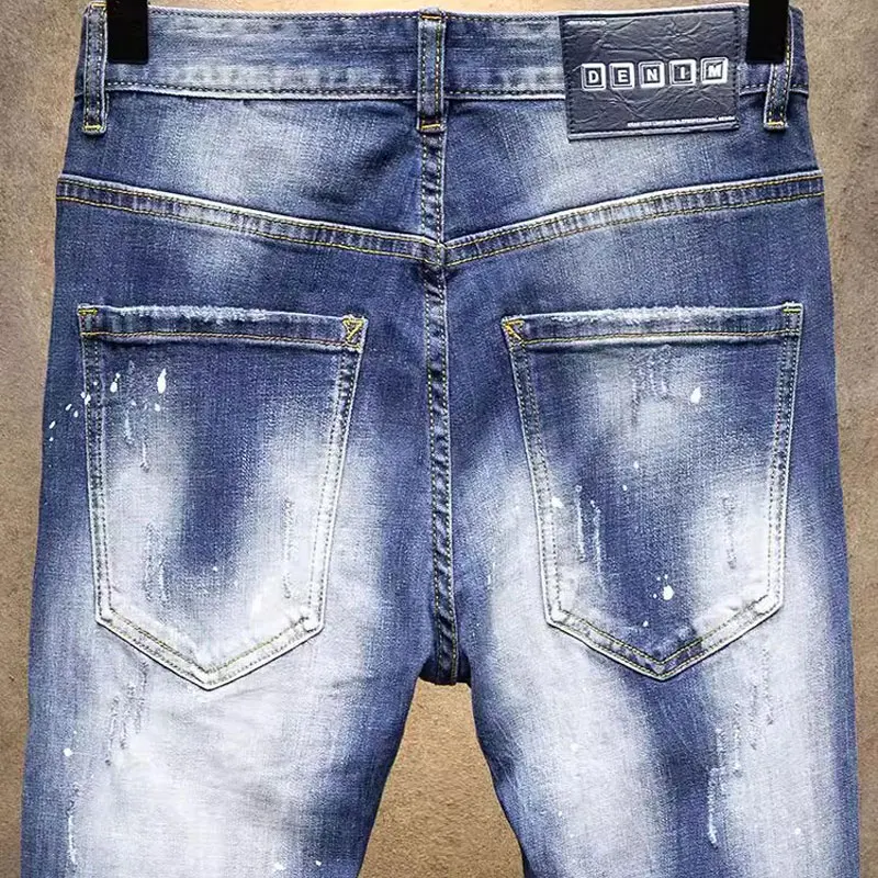 Street Fashion Men Jeans Retro Blue White Washed Stretch Skinny Fit Ripped Jeans Men Vintage Designer Hip Hop Denim Pants Hombre