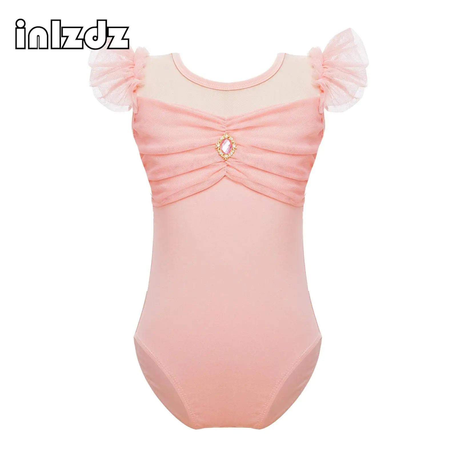 Girls Dance Leotards for Ballet Dress Hollow Back Ruffle Sleeve Ruched Mesh Tutu Cute Ballerina Training Tops Dance Wear