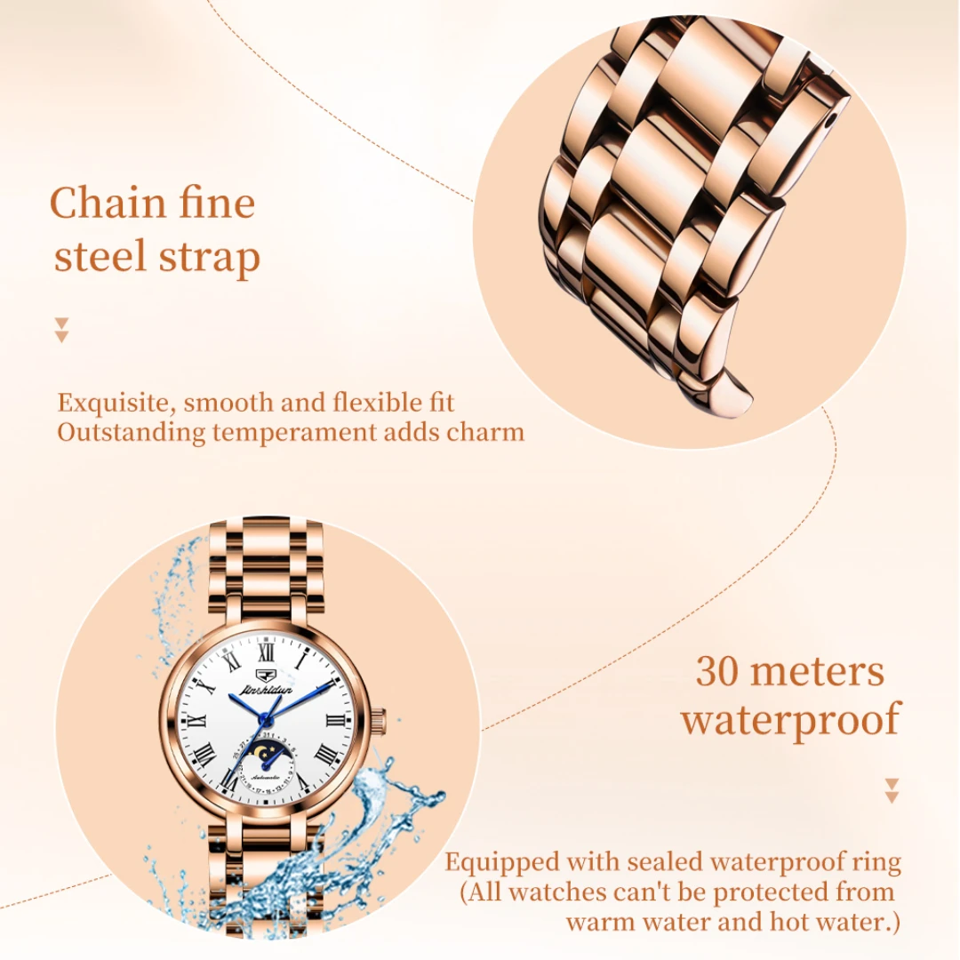 JSDUN-Montre mécanique à cadran rond en acier inoxydable, bracelet de montre, phase de lune Shoous, cadeau de mode, 8981