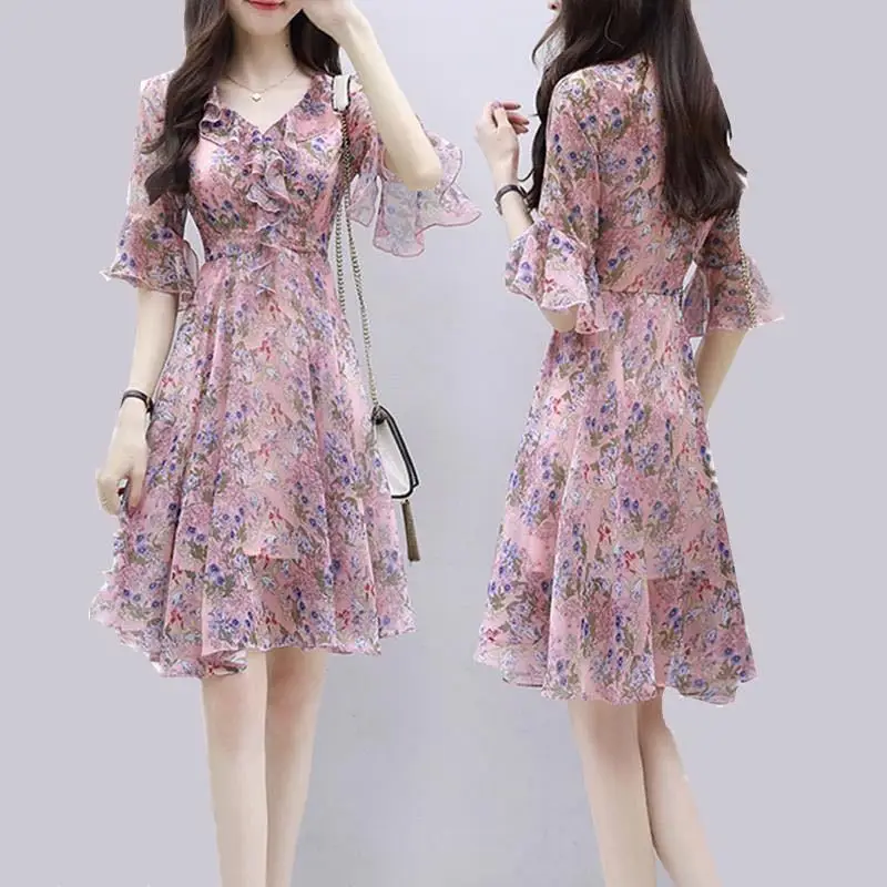 Summer Clothes for Women 2023 Fashion Fragmented Floral Print V-Neck Patchwork Ruffles Half Sleeve Chiffon Knee Length Dresses