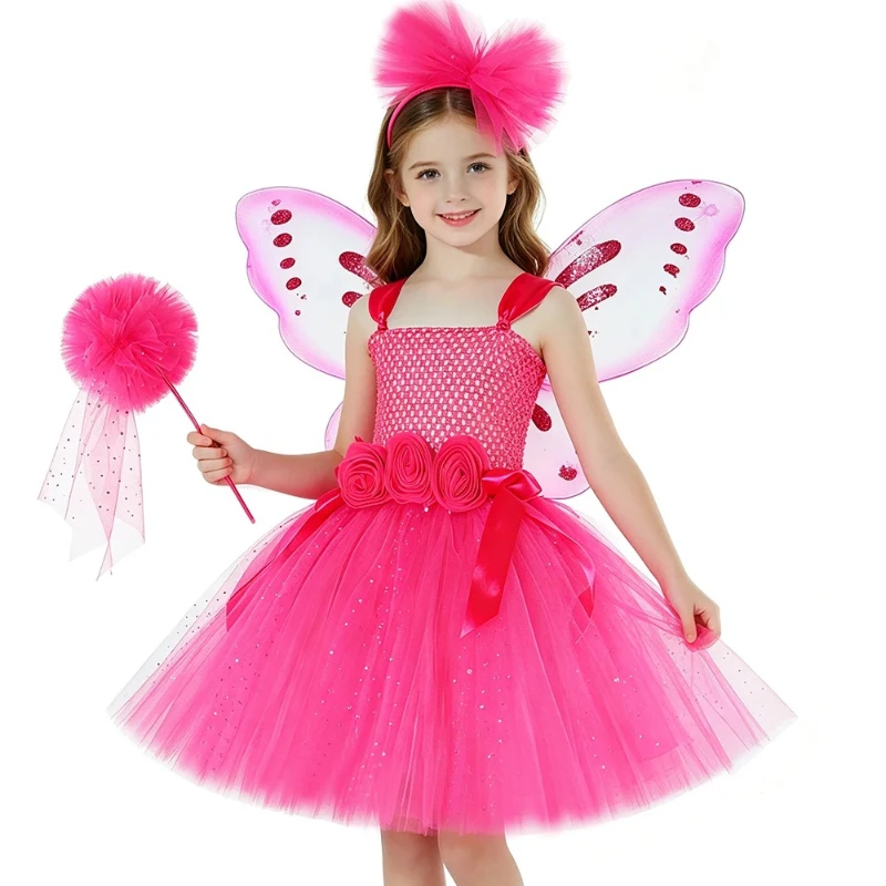 Sparkly Hot Pink Blossom Elf Fluffy Tutu Outfit with Butterfly Accents, Great for Trick-or-treat Trips and Themed Family Party
