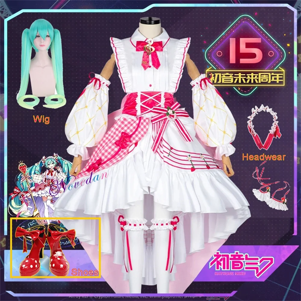 Traje de Cosplay de Miku para mujer, vestido de Lolita de fresa Miku de Anime, zapatos de disfraz de fiesta de Halloween Kawaii, utilería de peluca, 15 ° aniversario