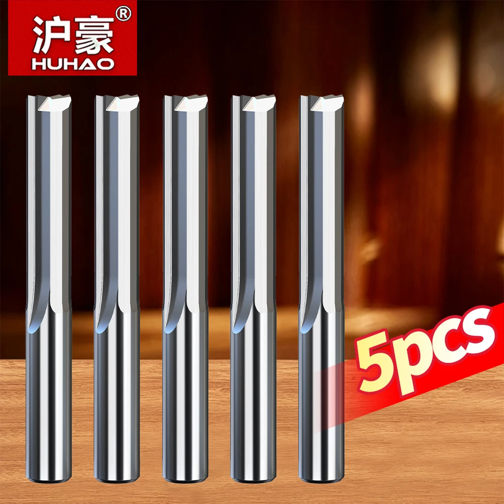 HUHAO 5PCS 3.175mm 4mm 6mm Double Flute Straight Router Bit Solid Carbide CNC End Mill Milling Cutter Woodworking Tools