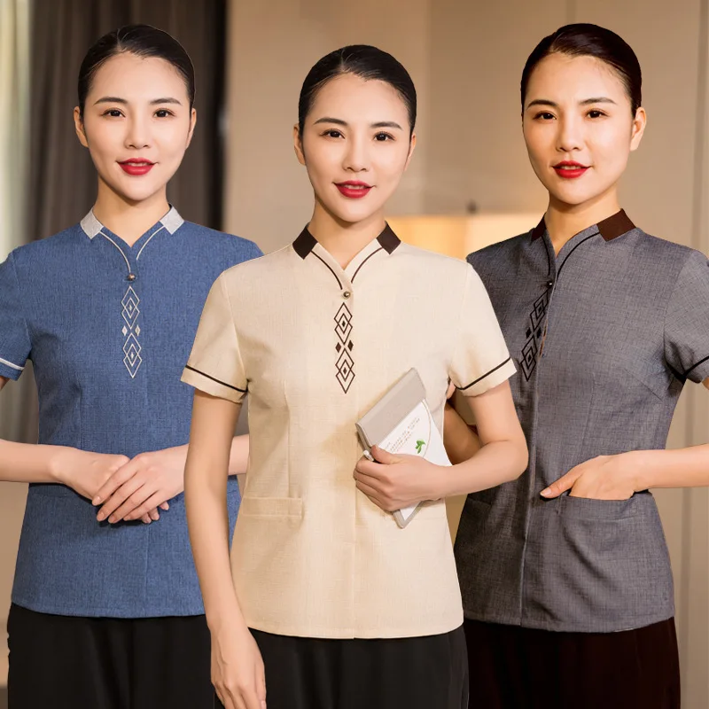 

Женская рабочая одежда с короткими рукавами для уборки, весенне-летняя, подходит для работы в сфере управления недвижимостью, обслуживания гостиничных номеров и уборки в отелях.