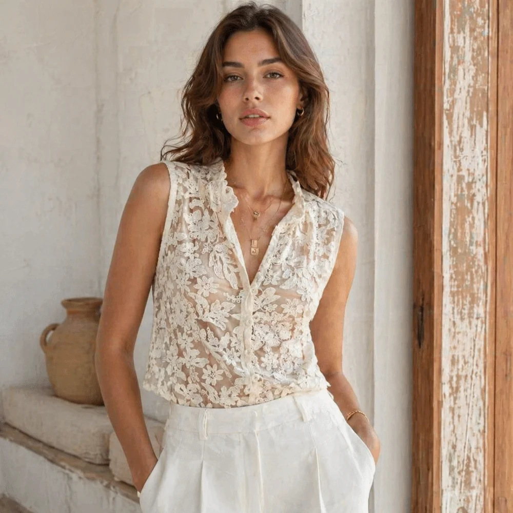 Fashion V-neck Floral Mesh Shirt Sleeveless Elegant Lace Embroidery Tops Transparent Button Front Lace Tank Top Summer Season