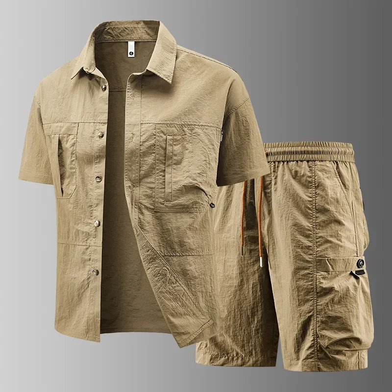 

Work Shirt Suit Men's Summer Outdoor Casual Shirt Two-piece Set Loose Sports Men's Short-sleeved Shorts Conjuntos Hombre