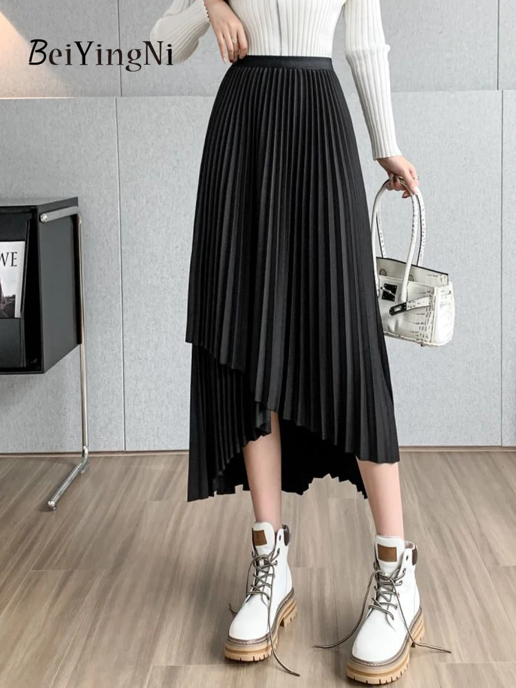 Beiyingni Women\'s Midi Pleated Skirt Asymmetrical Slim Elastic Waist Vintage Korean A-line Skirts 2022 Fashion Black Chic Skirt