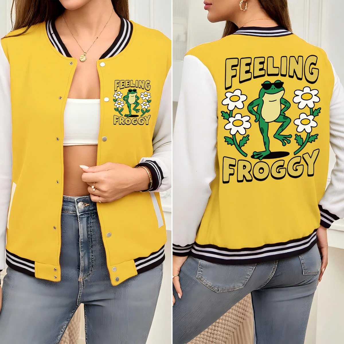 

Feeling Flowers Froggy Pattern Women Baseball Jackets Soft Colorful Coats Cotton Button Sportswear Woman Autumn Oversize Clothes