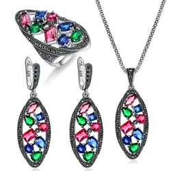 Ajojewel Silver-color Vintage Necklace Ring Earrings Large Jewelry Sets For Women With Green/Red/Colorful Crystals Gift