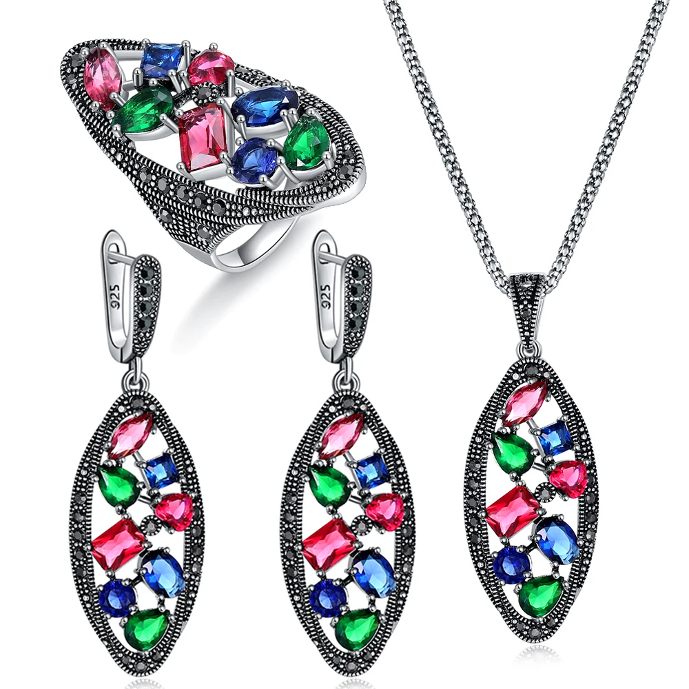 Ajojewel Silver-color Vintage Necklace Ring Earrings Large Jewelry Sets For Women With Green/Red/Colorful Crystals Gift