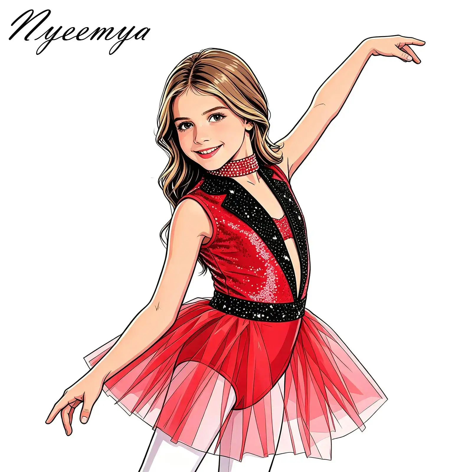 

Kids Girls Shiny Sequins Tulle Skirted Leotard Tutu Dress Bodysuit Ballet Jazz Dance Sleeveless Performance Competition Clothes