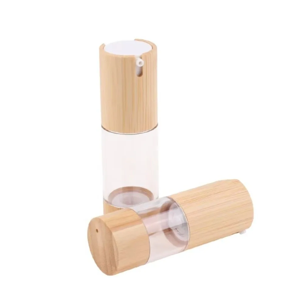 Fotografia 3: Frasco Vazio a Vácuo Sem Ar de Bambu 15ml 30ml 50ml para Loção, Frasco Cosmético Tipo Pressão para Creme de Maquiagem e Sérum