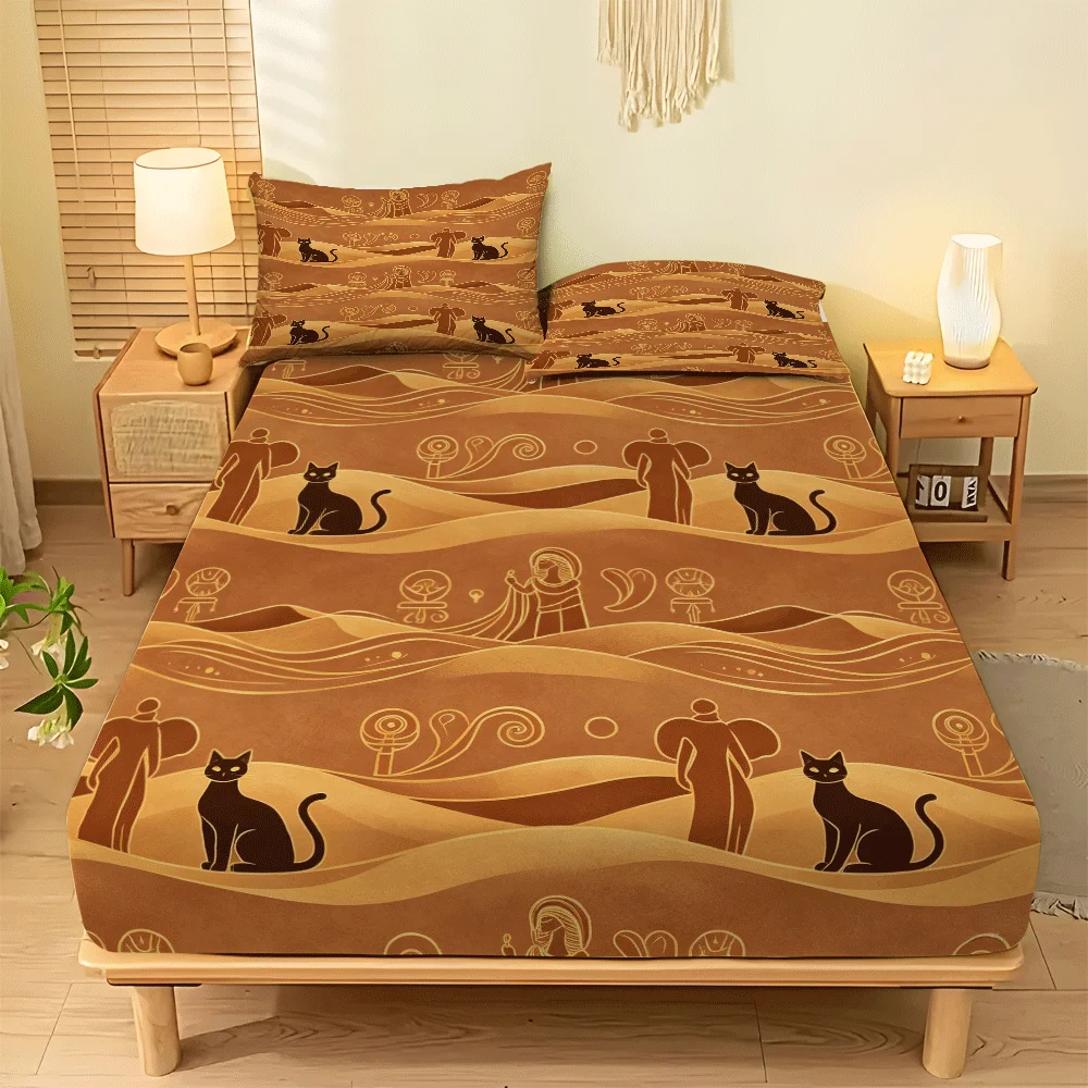 Low-Maintenance, Machine-Washable 2D Printed Bedding Set, Simple and Stylish Cat Design, Mattress Protector, Fitted Sheet Style, Protective Cover, 2D Flat Printing, Mattress Protector, Suitable for All Seasons, Machine-Washable Design, Holiday Decoration, Various Sizes, Breathable Protective Cover with Pillowcase