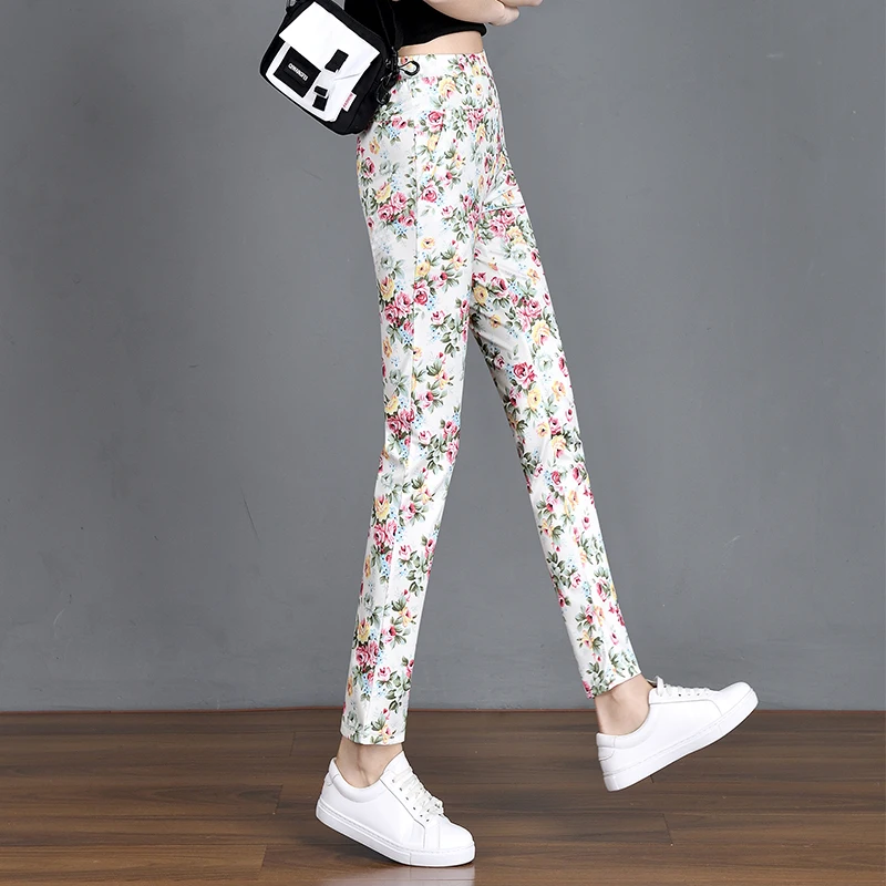新しい春夏のファッション女性パンツスリムオールマッチ花プリントタイトなペンシルパンツ拡張ハイウエスト女性のズボン