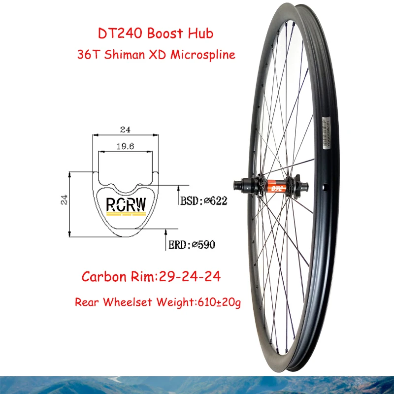 

29er MTB XC 24x24mm Wheelset Super Light Rear Carbon Rim 28Hole 24 Wide 24 Deep DT240 Boost 6 Bolt 36T Hub Shima XD Microspline