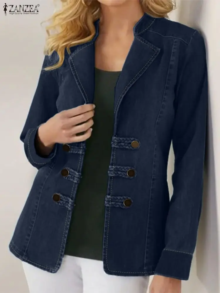 ZANZEA Vrouwen Lange Mouw Blazer Denim Pakken 2025, Herfst Casual Double Breasted Jassen Effen Elegante OL Streetwear Bovenjassen