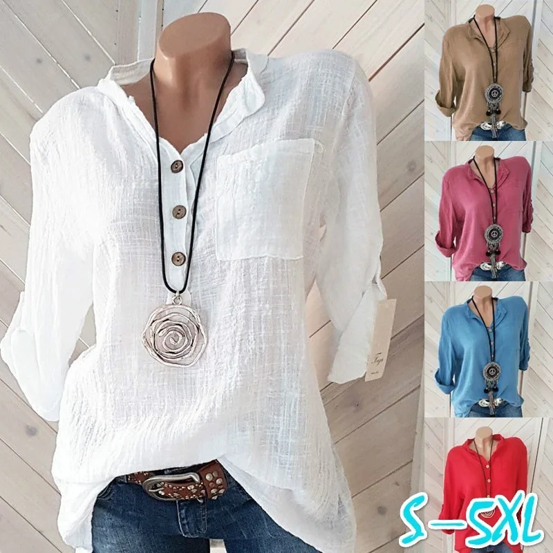 Vrouwen Blouse Plus Size Katoenen Linnen Top Lange Mouwen Henley Hals T-Shirt Casual Losse Herfst Zomer