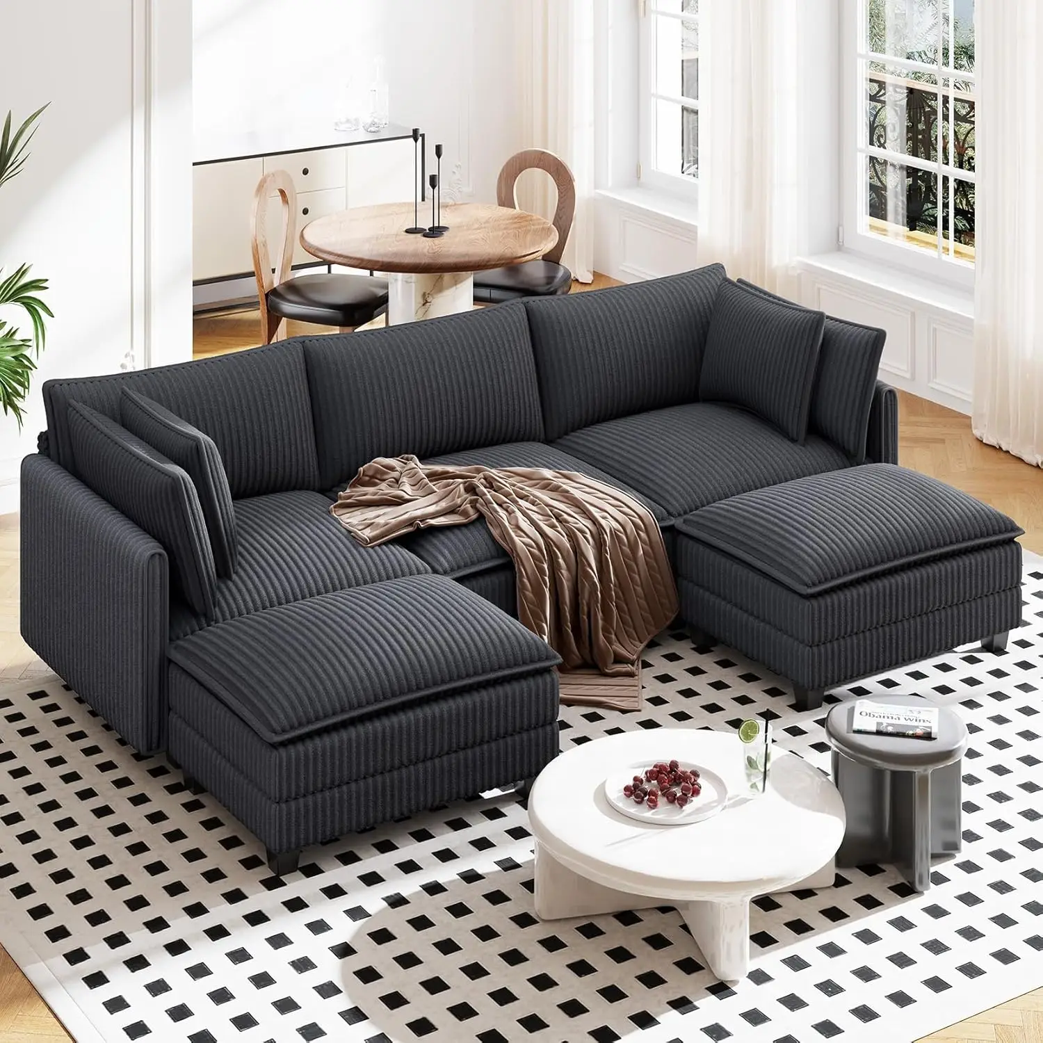 

U Shaped Cloud Sectional Sofa, Comfy Corduroy Upholstered, Modern Modular Couch with 2 Ottoman, Dark Grey