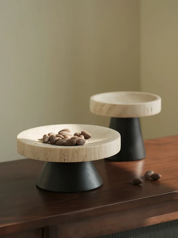 Marble Salad Bread Fruit Tray with Stand Luxury Travertine Pedestal Bowl for Table Decor and Kitchen Counter