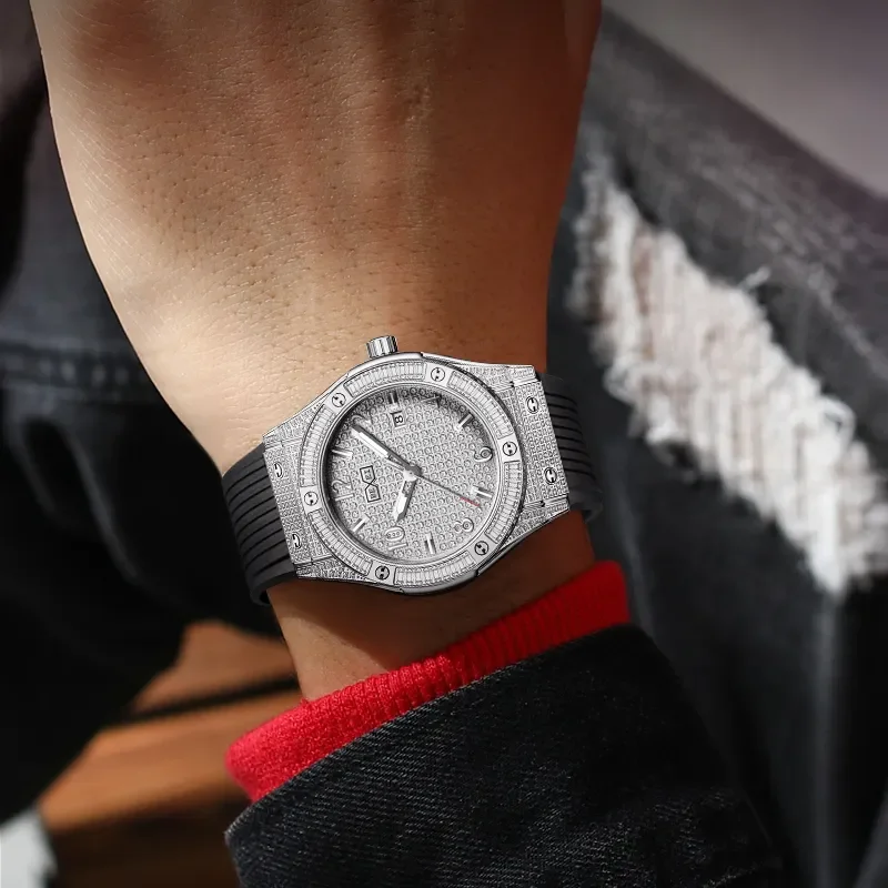 

BEXEI модные механические мужские часы с бриллиантовым циферблатом, автоматические роскошные мужские часы с сапфировым стеклом, светящийся календарь