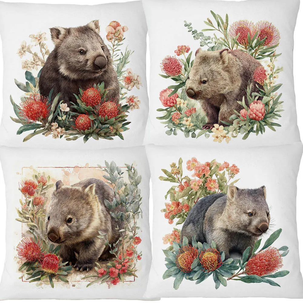 Australian Wombat Animals Bottlebrush and Banksia Flowers Cushion Cover Decorative Pillowcase