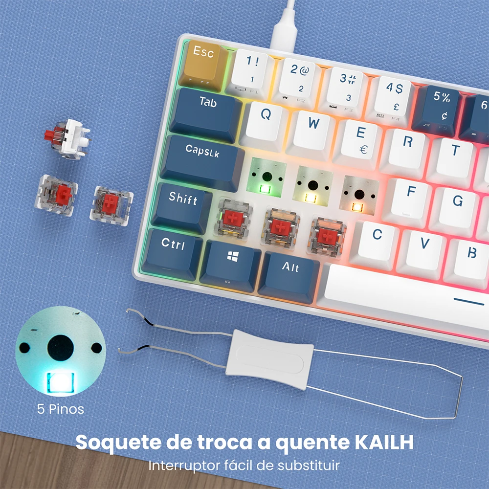 Imagem -05 - Royal Kludge Rk61 Teclado para Jogos Brasileiro com Fio 61 Teclas Rgb Teclados Mecânicos Retroiluminados Mini Teclas Abs com Hot-swappablesv