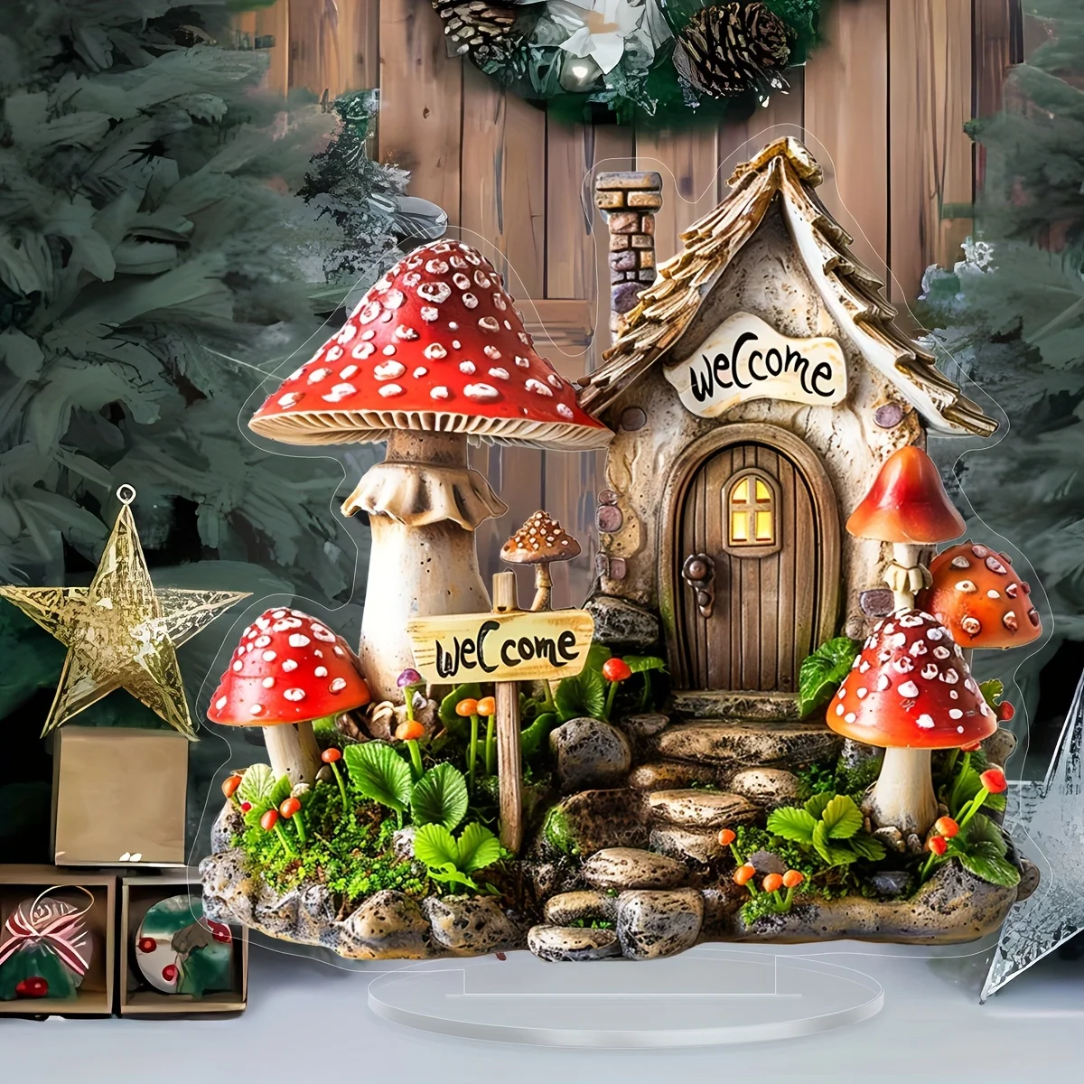2D Acrylic Welcome Mushroom House Decor Garden Themed Flower Tabletop Plaque Home Office Dreamy Fairy Tale Ambiance 1PCS