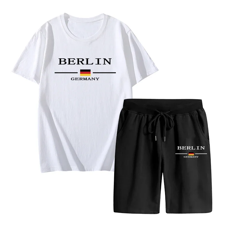

German Berlin Printed T-shirt and Fifthpants High Quality Mens Spring Casual Sports 2pcs Set High Quality Urban Fashion Wear
