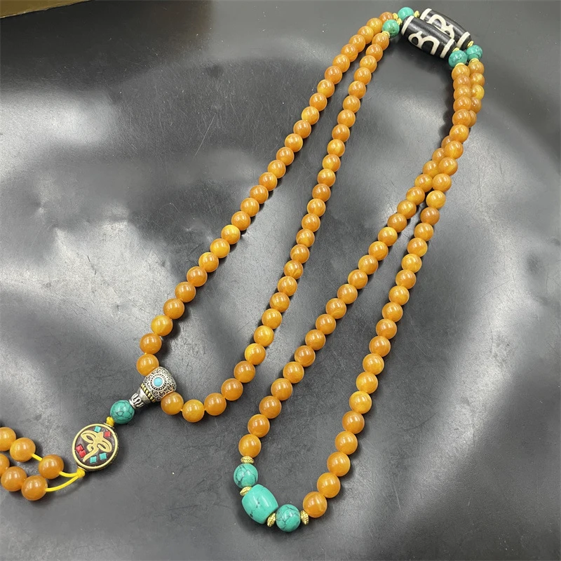8mm 108-bead enhanced old amber Buddha beads long sweater necklace