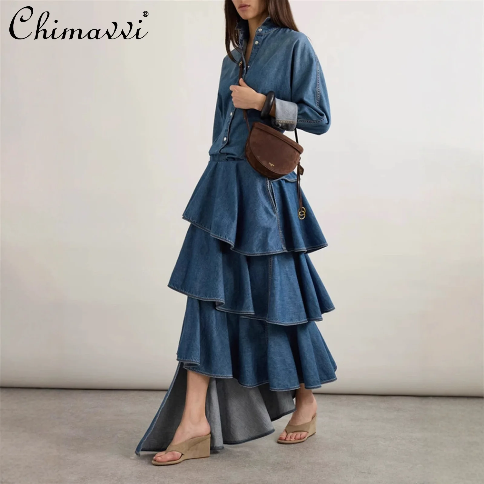 

American Retro Fashion Skirt Set Long Sleeve Polo Collar Loose Shirt High Waist Ruffle Fishtail Denim Skirt Two-Piece Set Women