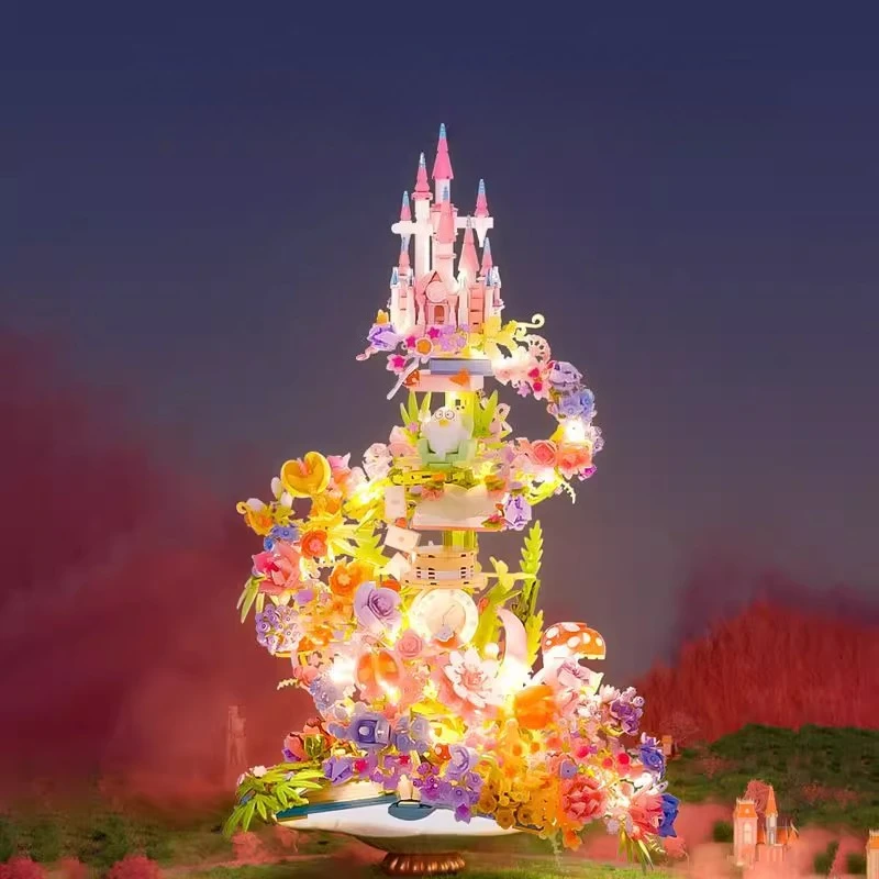 SEMBO-bloques de construcción de castillo de flores fantásticas, modelos de arquitectura, adornos para el hogar, regalos para niñas, juguetes para niños