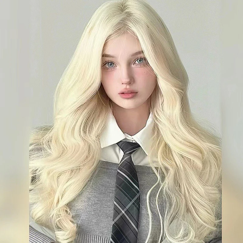 Woman Center Parting Long Curly Hair Lady Daily Clothing Fashion Match Eight Character Bangs Long Hair Ball Headwear Golden Wig