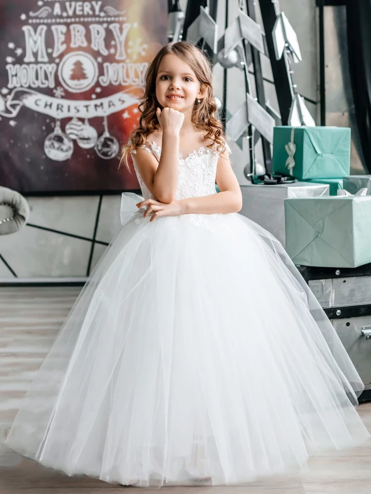 Robes de demoiselle d'honneur blanches, appliques gonflées en tulle avec nœud en fibre pour mariage, fête d'anniversaire, première communion, quoi que ce soit