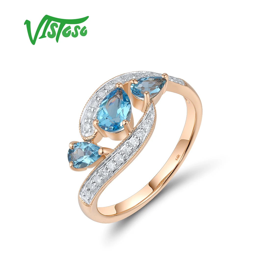 

VISTOSO Genuine 14K 585 Rose Gold Ring For Women Sparkling Diamond Blue Topaz Engagement Wedding Delicated Grand Fine Jewelry