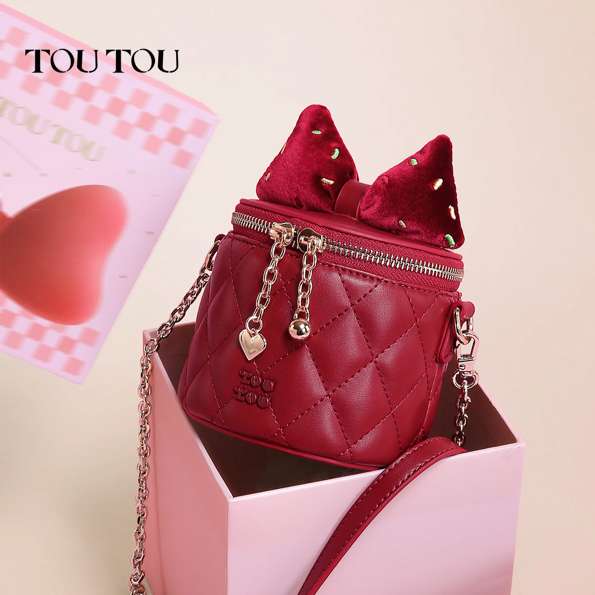 

TOUTOU Women Box Bag with Velvet Bowknot Original Designer Brand Chain Bucket Single Shoulder Crossbody Messenger Birthday Gift