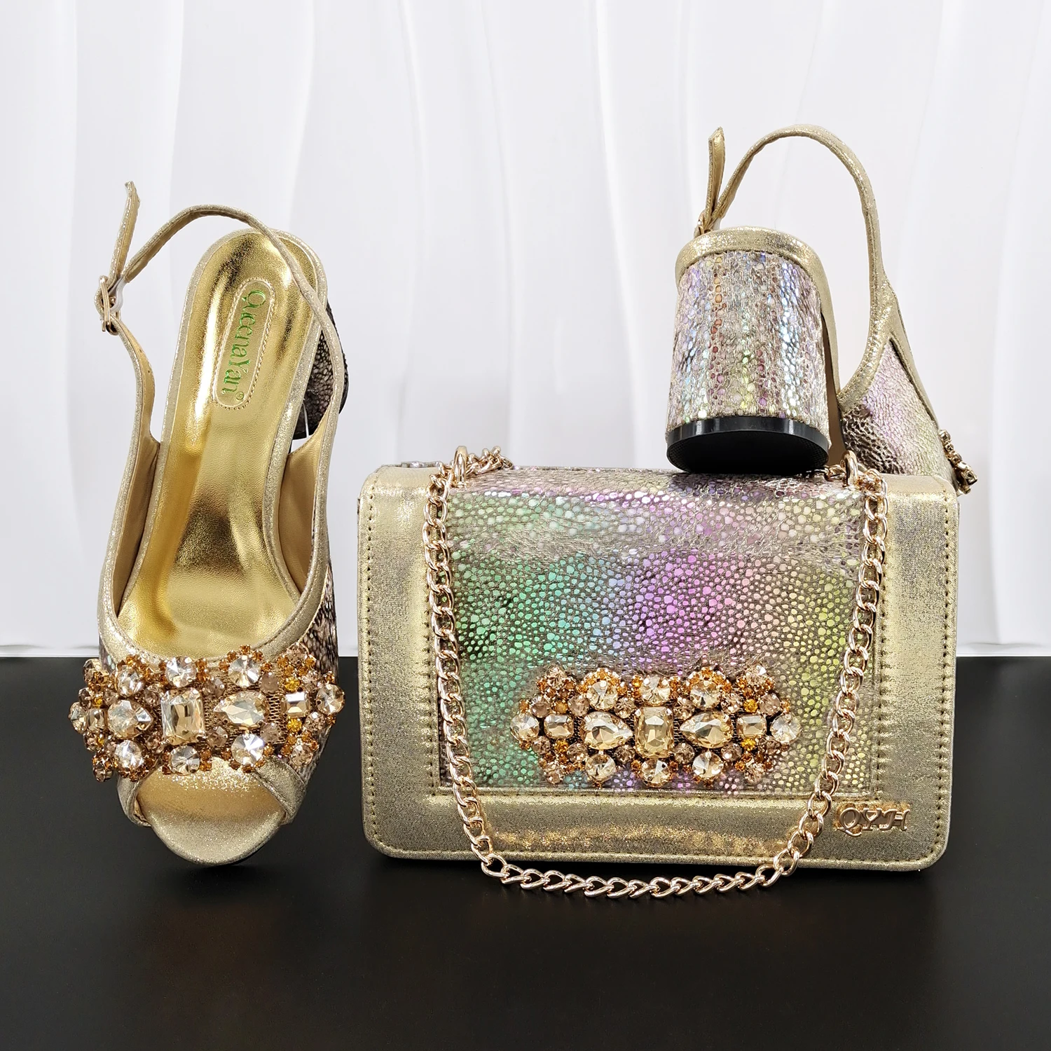 

doershow Italian GOLD Shoes with Matching Bags Sets Decorated with Rhinestone Women Shoes and Bags To Match Set ! SR1-1