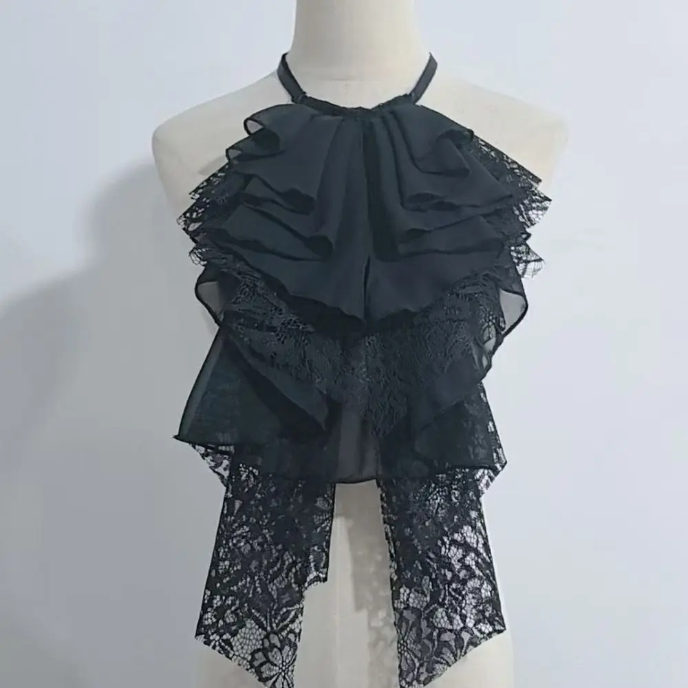 Kerah Palsu Renda Berlapis Dapat Dilepas Garis Leher Renda Dekoratif Retro Elegan Kerah Desain Kerut DIY Dapat Disesuaikan Wanita