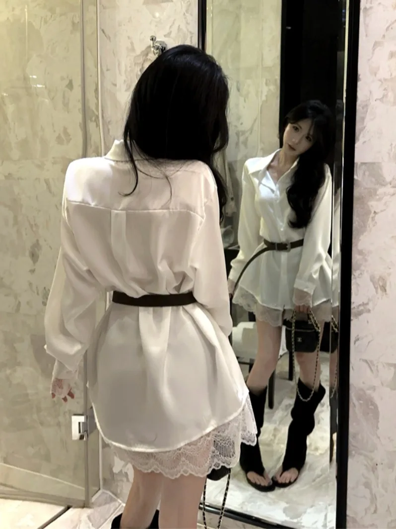 

White Lace Splicing Collar Long Sleeve Shirt Women's Spring Design Belted Midi Top French Style Loose Fit Silk Petal Sleeve